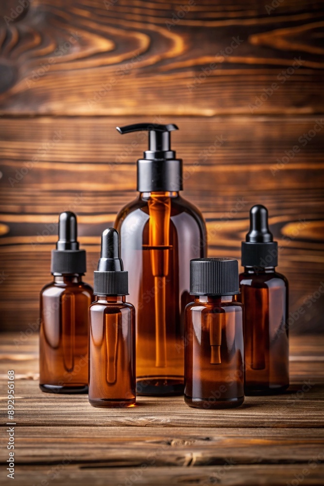 Mockup of a brown cosmetic bottles at the wooden background Mockup of a brown cosmetic bottles at the wooden background