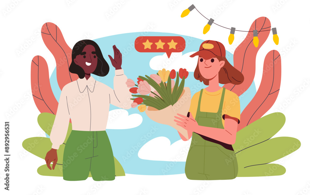 Naklejka premium Flower courier concept. Woman receives bouquet and romantic gift. Present delivery. Transportation and distribution, online shopping. Flat vector illustration isolated on white background