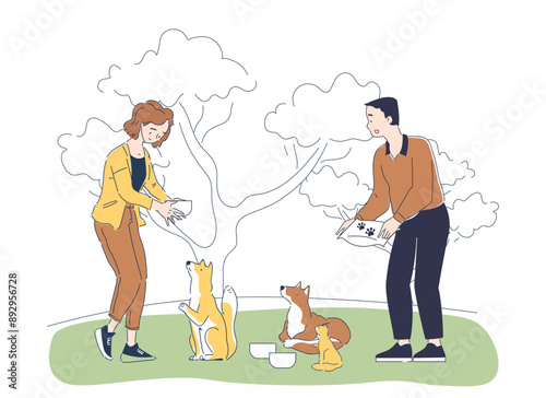 People give food for animals. Man and woman feed homeless puppies. Activists and volunteers take care of domestic animals. Charity and generosity, kindness. Linear vector illustration