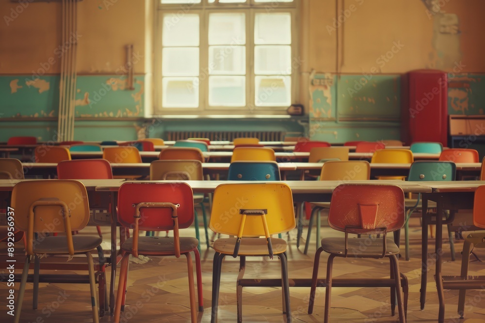 An empty classroom with colorful chairs and desks in an old school, An empty classroom with colorful chairs and desks in an old school,