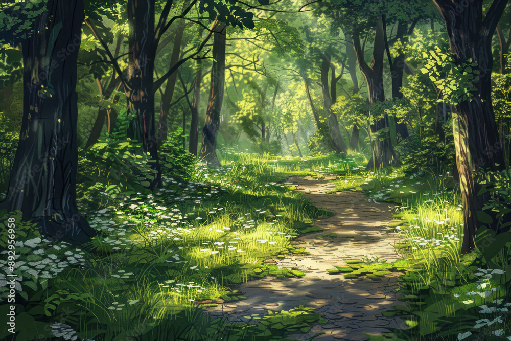 Obraz premium Serene Forest Path with Sunlight Filtering Through Lush Green Trees