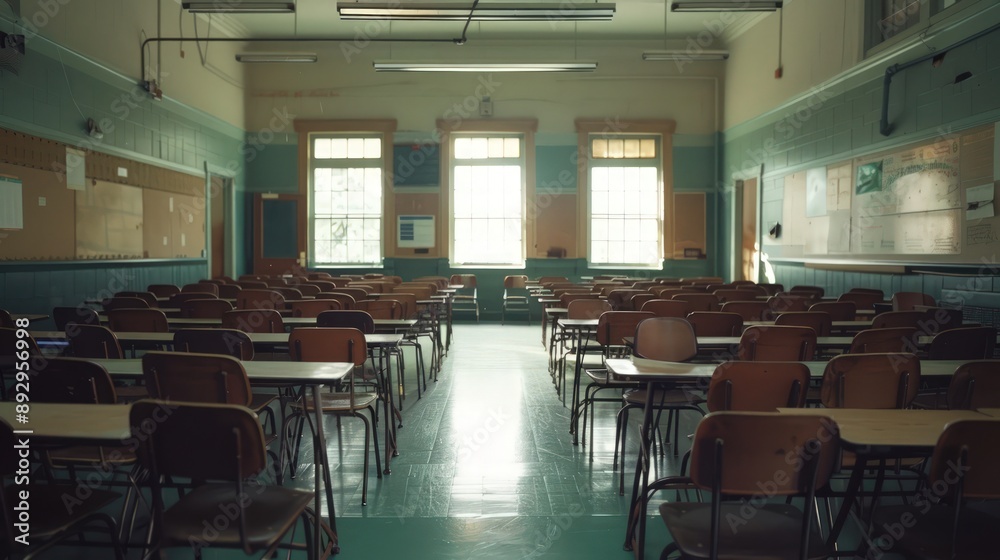 An empty high school classroom with rows of wooden desks and chairs, creating an atmosphere 