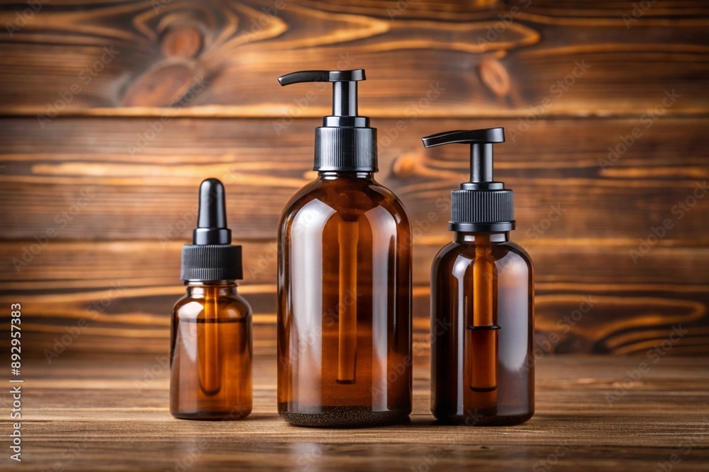 Mockup of a brown cosmetic bottles at the wooden background Mockup of a brown cosmetic bottles at the wooden background