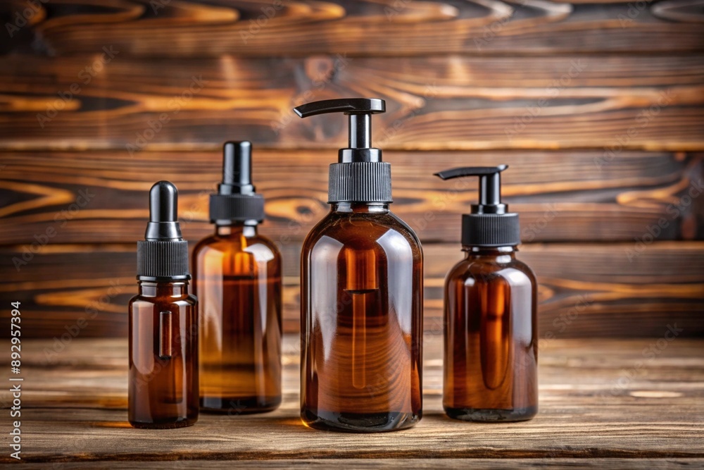 Mockup of a brown cosmetic bottles at the wooden background Mockup of a brown cosmetic bottles at the wooden background