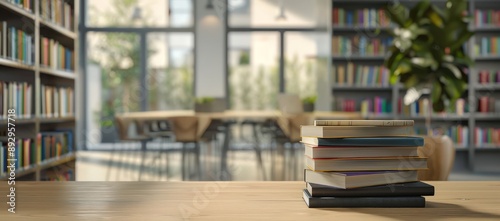 books stack on table in blurred background of library interior, education and back to school concept, copy space for product display presentation design