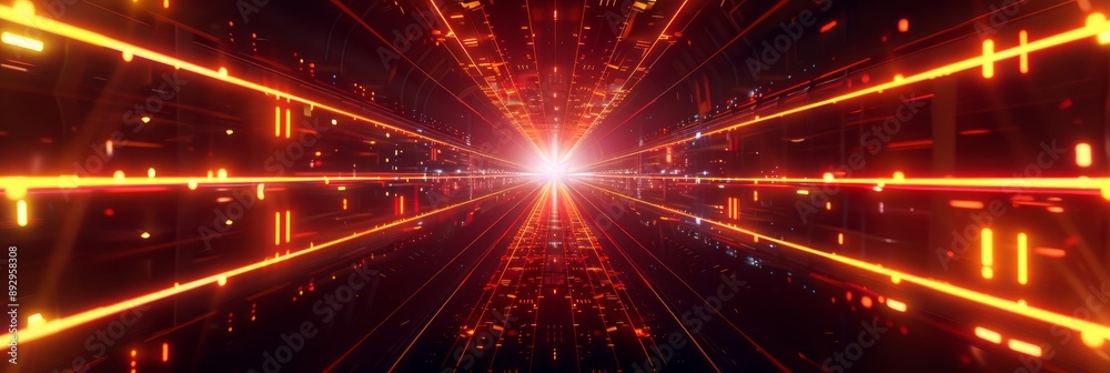 Fototapeta premium Abstract futuristic technology abstract background with lines for network, big data, data center, server, internet, speed. yellow and red neon lights into digital technology tunnel