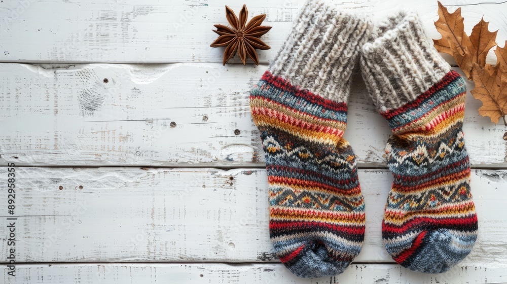 Winter themed warm socks on rustic white wooden backdrop representing the winter season Ideal for cold weather with space for design Winter themed warm socks on rustic white wooden backdrop representing the winter season Ideal for cold weather with space for design