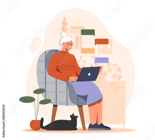 Grandmother with laptop. Elderly woman learning to use gadgets and devices. Pensioner communicates on social networks and instant messengers. Flat vector illustration isolated on white background