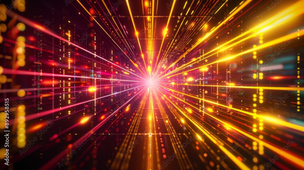 Fototapeta premium Abstract futuristic technology abstract background with lines for network, big data, data center, server, internet, speed. yellow and red neon lights into digital technology tunnel
