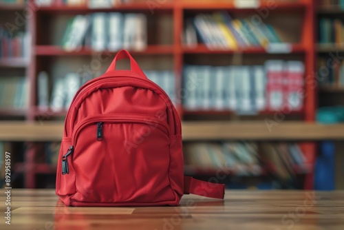 Red backpack on wooden desk in school classroom, closeup, blurred background with bookshelves and desks. School bag or satchel for children education concept