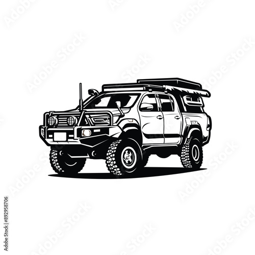 Overland vehicle vector. Double cabin offroad pickup truck black and white monochrome vector isolated