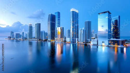 A vibrant city skyline illuminated at twilight, showcasing modern skyscrapers reflecting in the still water. The clear blue sky and the city lights create a captivating urban nightscape.