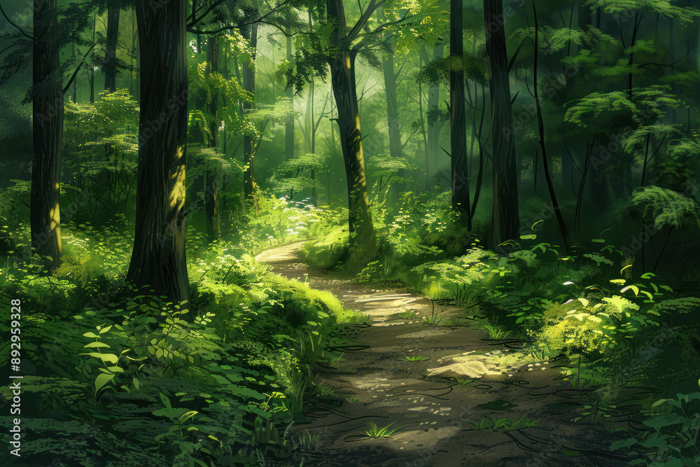 Sunlit Forest Path Winding Through Lush Greenery