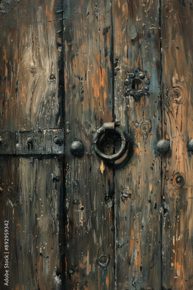 Weathered Wooden Door with Rustic Metal Knocker and Textured Patina Weathered Wooden Door with Rustic Metal Knocker and Textured Patina