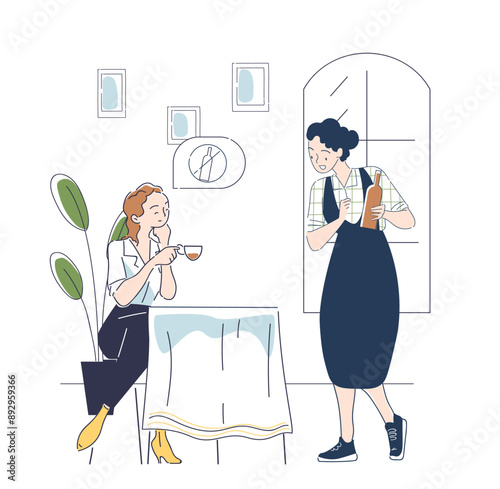 Woman in cafe refuse alcohol. Girl refuses waiters offer to drink alcohol. Restaurant visitor sitting drinking coffee. Rejection of bad habits. Linear vector illustration isolated on white background