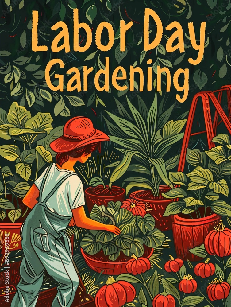 Obraz premium The image depicts an illustration of a person gardening, celebrating Labor Day. The scene is rich with lush green foliage, potted plants, and pumpkins spread across the ground. The person, dressed in 