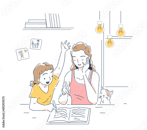 Help do homework. Woman sits with girl and reads book. Adult helps child prepare for test or examination. Education and learning, training. Linear vector illustration isolated on white background
