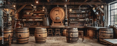 A charming rustic brewery adorned with wooden barrels and essential brewing equipment.