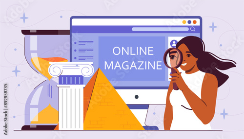 Online historian service. Woman with magnifying glass analyzes ancient architecture. Historian with marble column and Egyptian pyramid. History and areology. Flat vector illustration