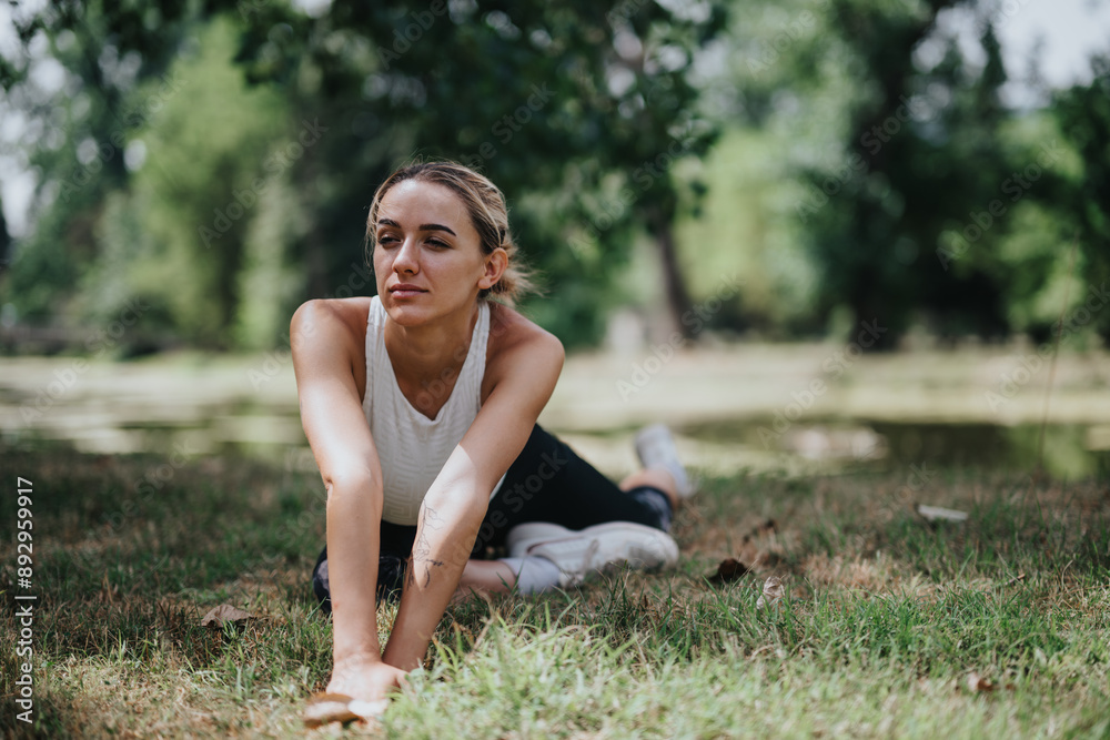 Woman stretching and practicing yoga in a serene park setting on green grass, enjoying outdoor fitness. Woman stretching and practicing yoga in a serene park setting on green grass, enjoying outdoor fitness.