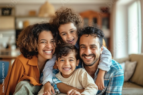 A joyful family portrait featuring two parents and their two young children, all smiling brightly and embracing each other. The setting is a cozy, well-lit living room with warm, inviting decor. The p