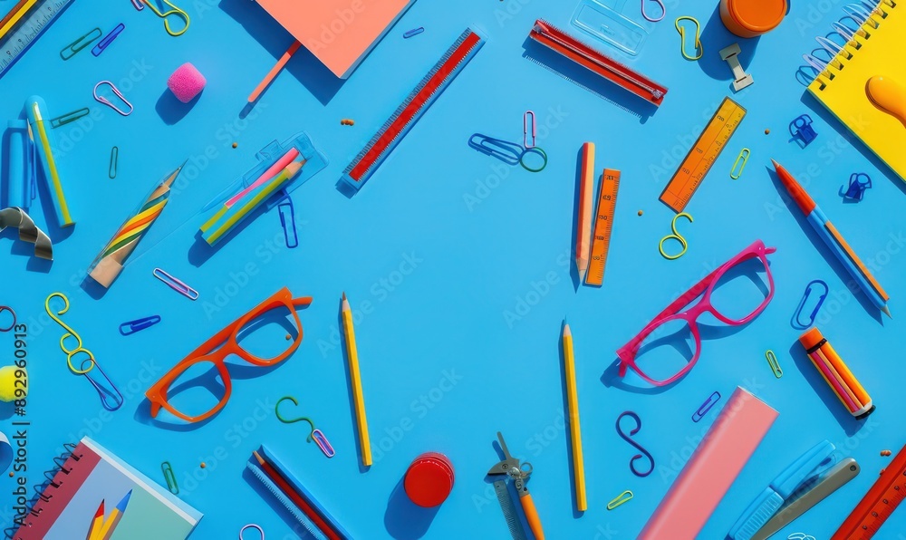 School supplies on a blue background with copy space, flat lay top view stock photo contest winner, high resolution, high detail, colorful, bright colors, high definition photography School supplies on a blue background with copy space, flat lay top view stock photo contest winner, high resolution, high detail, colorful, bright colors, high definition photography