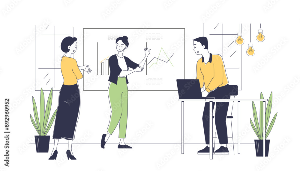 Workers with business presentation. Man and woman in office near flipchart. Businesspeople at seminar. Training and brainstorming at work. Linear vector illustration isolated on white background