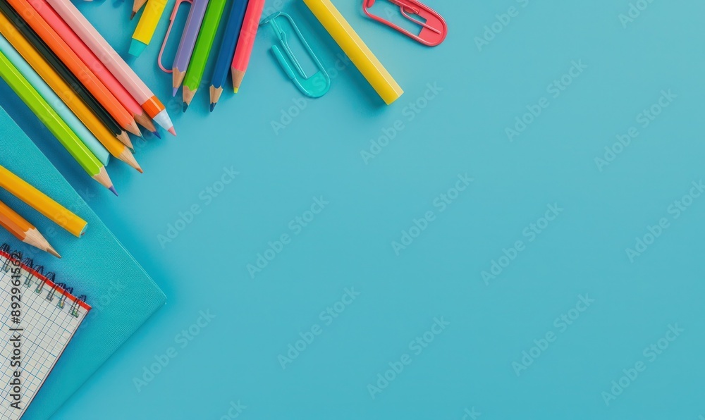 School supplies on a blue background with copy space, flat lay top view stock photo. Contest winner