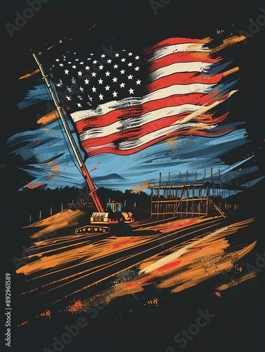 A stylized illustration features a dynamic and vibrant American flag prominently displayed in the upper half, with its stripes flowing in the wind and stars clearly visible. Below, a construction site