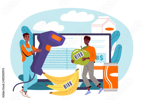 Bar code reader with fruits. Men with barcode reader analyze apple and banana. Food store employees take inventory of groceries. Identification of goods. Flat vector illustration