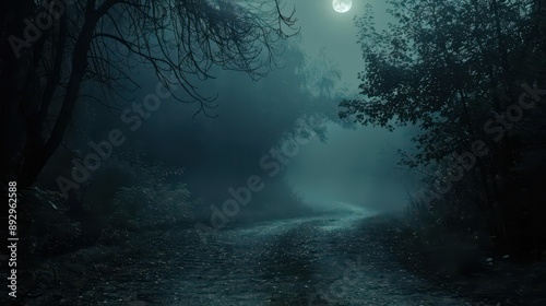 misty moonlit forest path eerie atmosphere halloweeninspired scene © Lucija