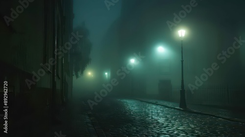 misty urban street at night eerie halloween ambiance mysterious lighting
