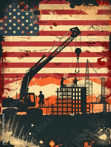 A stylized, high-contrast illustration depicting a construction site set against a backdrop of the American flag. Silhouettes of construction workers are seen working on scaffolding and using heavy ma