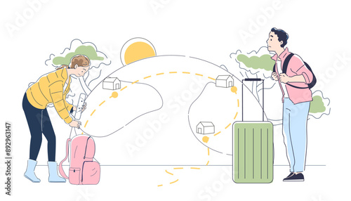 Couple immigrating from crisis. Man and woman with suitcases choose country for relocation and immigration. Family of refugees. Linear vector illustration isolated on white background