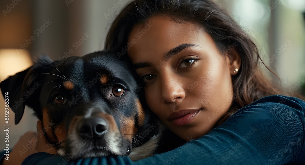 Young mixed race black African American woman cuddling her dog in home. Young mixed race black African American woman cuddling her dog in home.