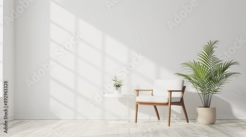 Vintage chair beside white table with potted plant in bright room, with blank wall for text