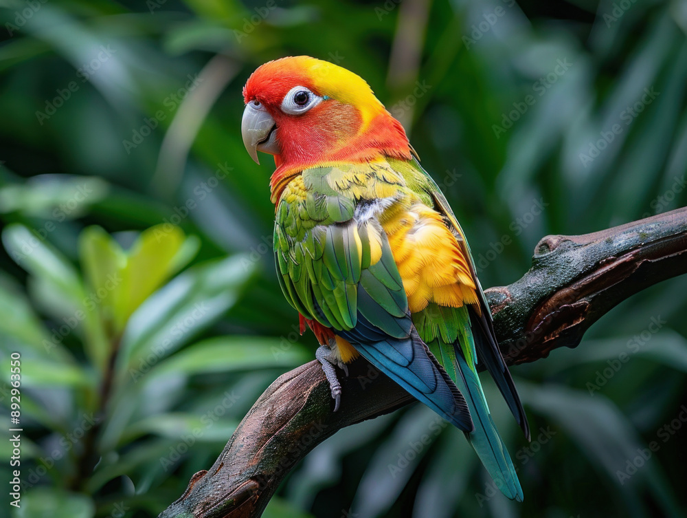 Obraz premium Colorful Parrot Perched on a Branch in a Lush Tropical Forest