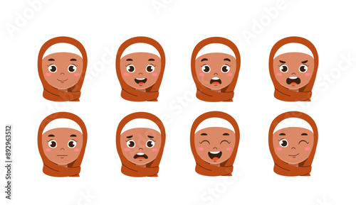 Muslim woman heads set. Girl in hijab with different emotions. Pack of characters with various feelings. Design elements for creating animations. Religion and culture. Flat vector collection