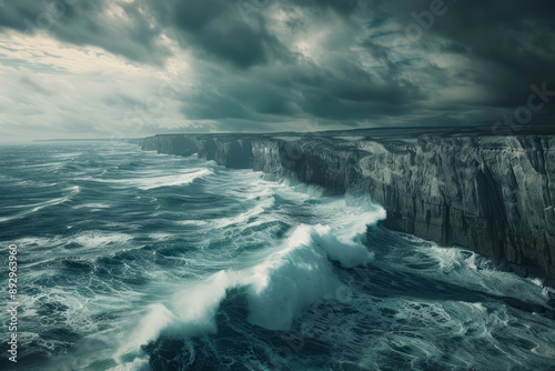 Dramatic Cliffs and Stormy Sea Under Dark Skies