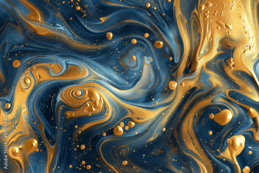 Fototapeta premium Golden and blue liquid texture with abstract, mesmerizing patterns resembling flowing fluid, featuring intricate swirls and captivating details
