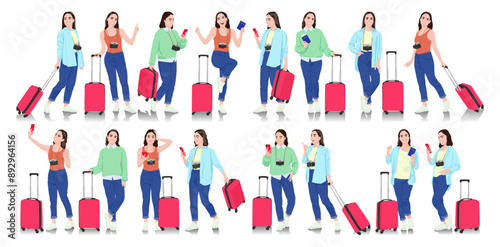 Young woman tourist with camera and smartphone. Female in casual clothes with a suitcase, passport, and tickets. Young female traveler goes on a journey. Vector illustration set isolated on white