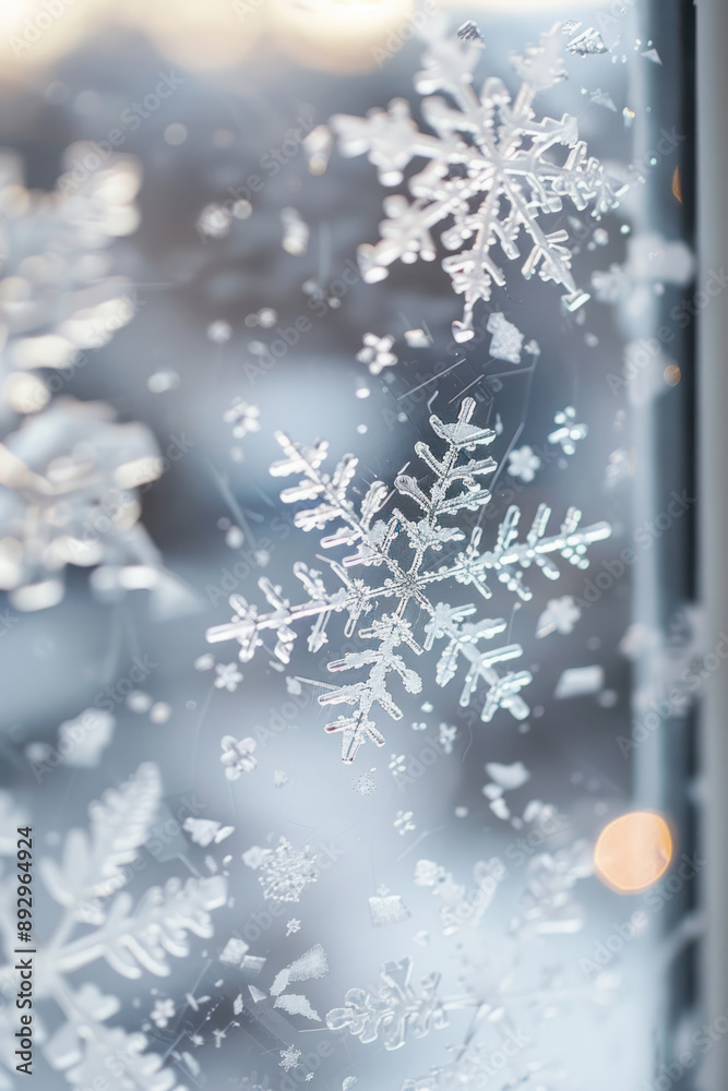 Close-Up of Frosty Snowflakes on a Window Close-Up of Frosty Snowflakes on a Window