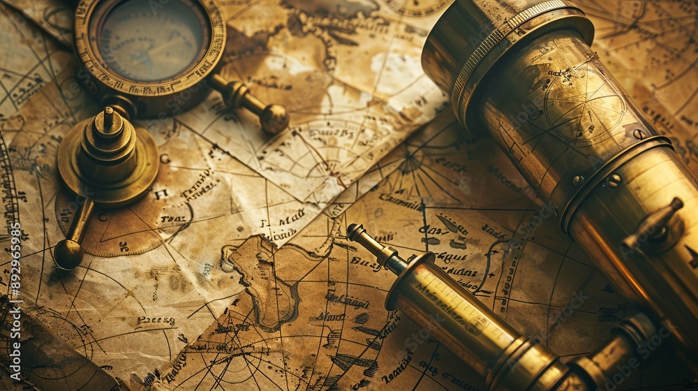 Fototapeta premium An aged map accompanied by navigational items like an old telescope and a compass, symbolizing the spirit of exploration and the historical quest for discovering new lands.