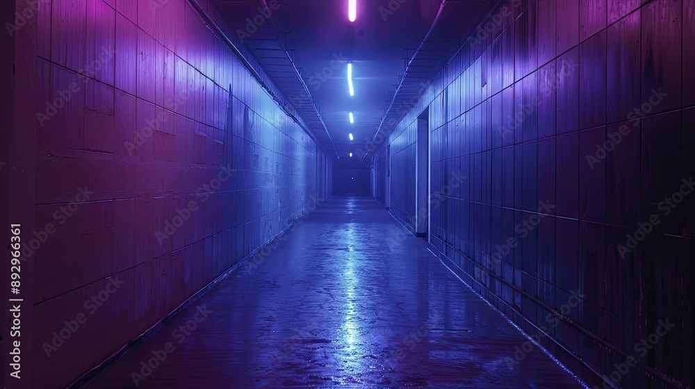 Fototapeta premium corridor stretches into darkness dotted with lights leading distant glow