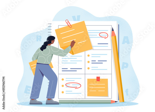 Woman with planning concept. Young girl with large pencil writes goals and objectives in notebook. Time management and efficient workflow. Flat vector illustration isolated on white background