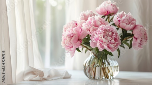Pink peonies in vase on home table, space for text. Decor