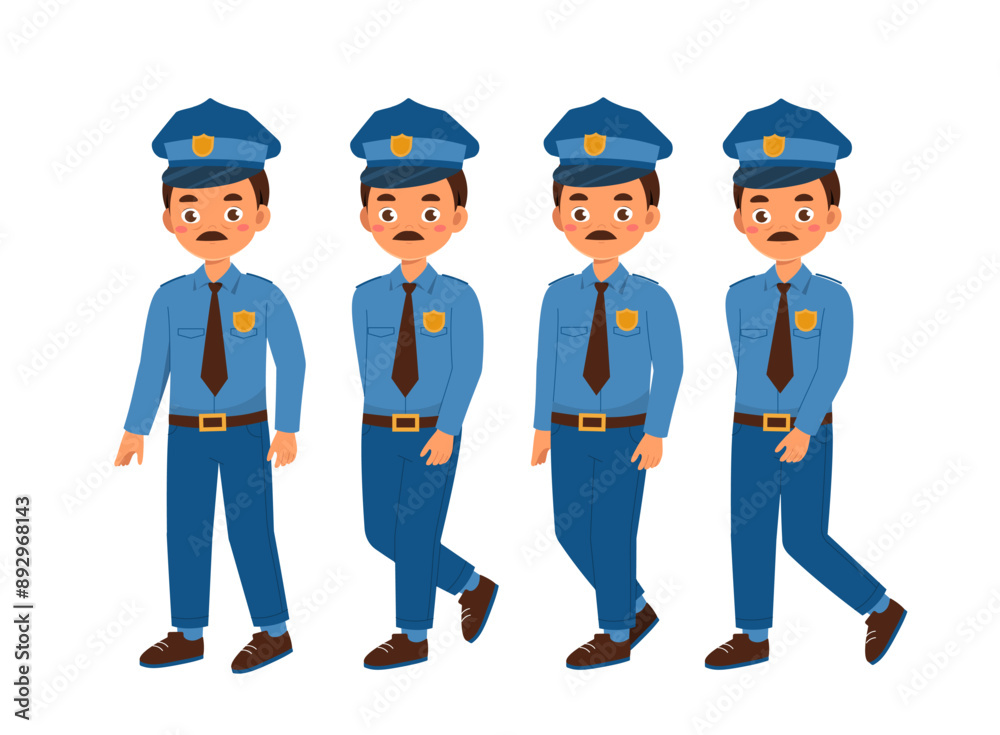 Police officer set. Sheriff with badge in uniform. Pack of characters in different viewing angles. Design elements for creating animations. Flat vector collection isolated on white background Police officer set. Sheriff with badge in uniform. Pack of characters in different viewing angles. Design elements for creating animations. Flat vector collection isolated on white background