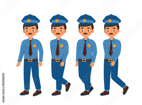 Police officer set. Sheriff with badge in uniform. Pack of characters in different viewing angles. Design elements for creating animations. Flat vector collection isolated on white background