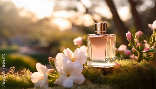 bottle of perfume with flowers in nature background in this captivating scene nature s breathtaking beauty intertwines effortlessly with the world of perfume photo