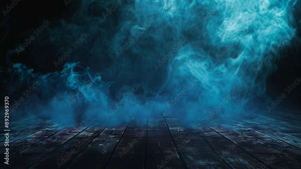 A surreal image of blue smoke swirling over a dark wooden floor, creating a mysterious and calming ambiance, perfect for modern art enthusiasts. A surreal image of blue smoke swirling over a dark wooden floor, creating a mysterious and calming ambiance, perfect for modern art enthusiasts.